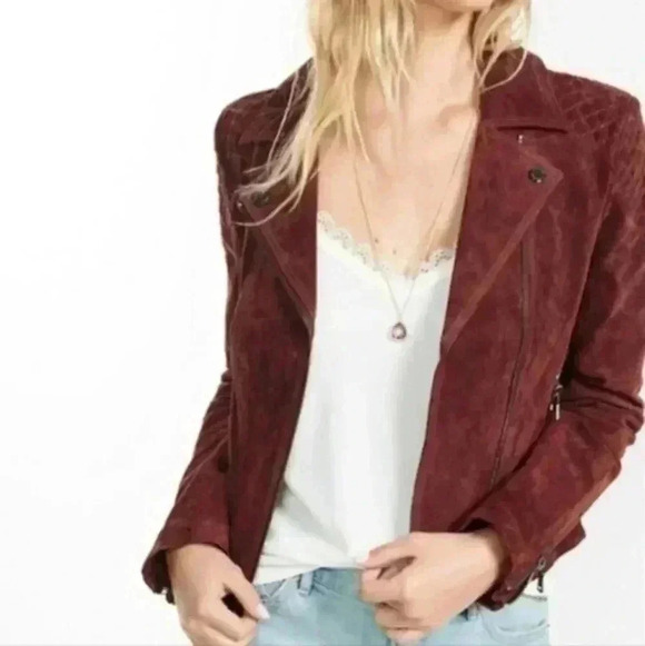Express Jacket Suede Biker Moto Genuine Leather Oxblood Women's size Large - Picture 1 of 16